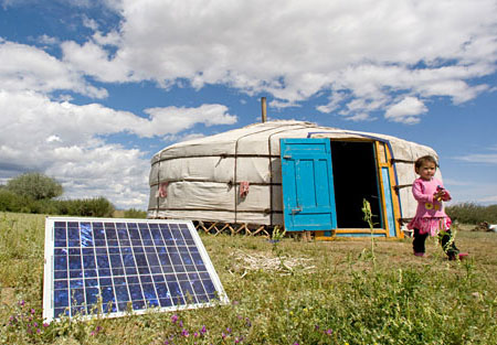 Family in Mongolia Using Solar Panel 